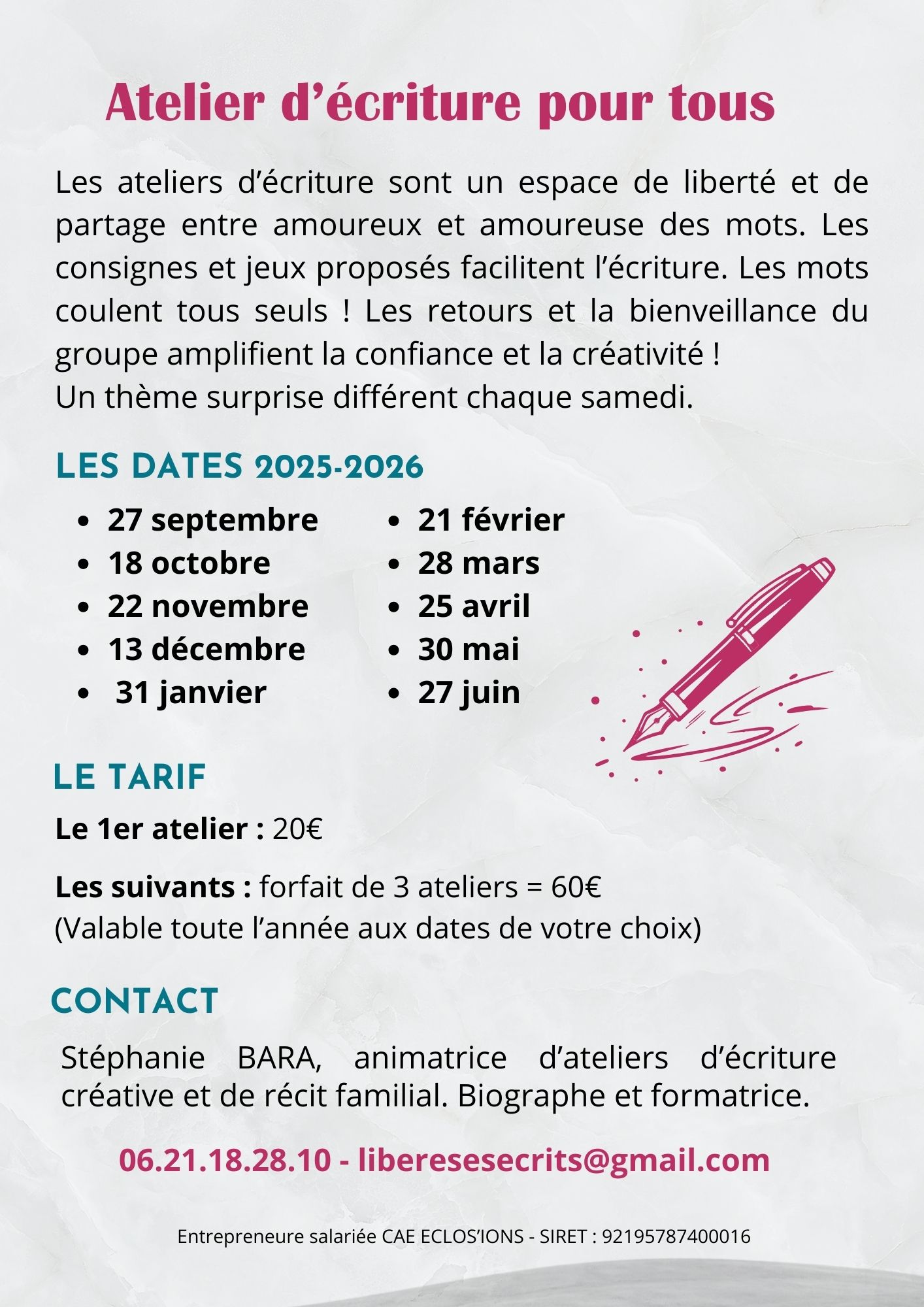 Ateliers d'écriture à Vichy 2025-2026