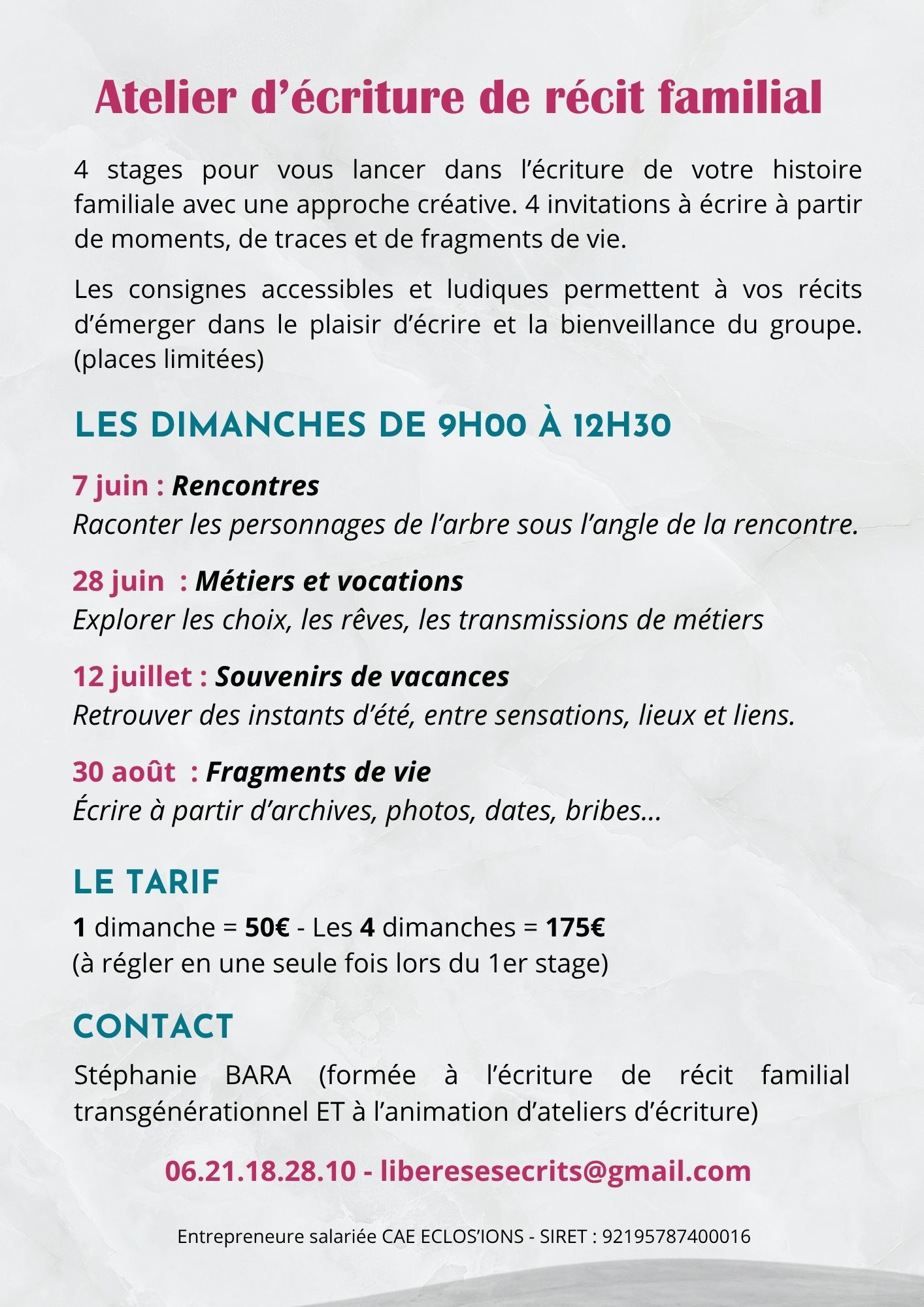 Ateliers d'écriture de récit familial transgénérationnel à Vichy