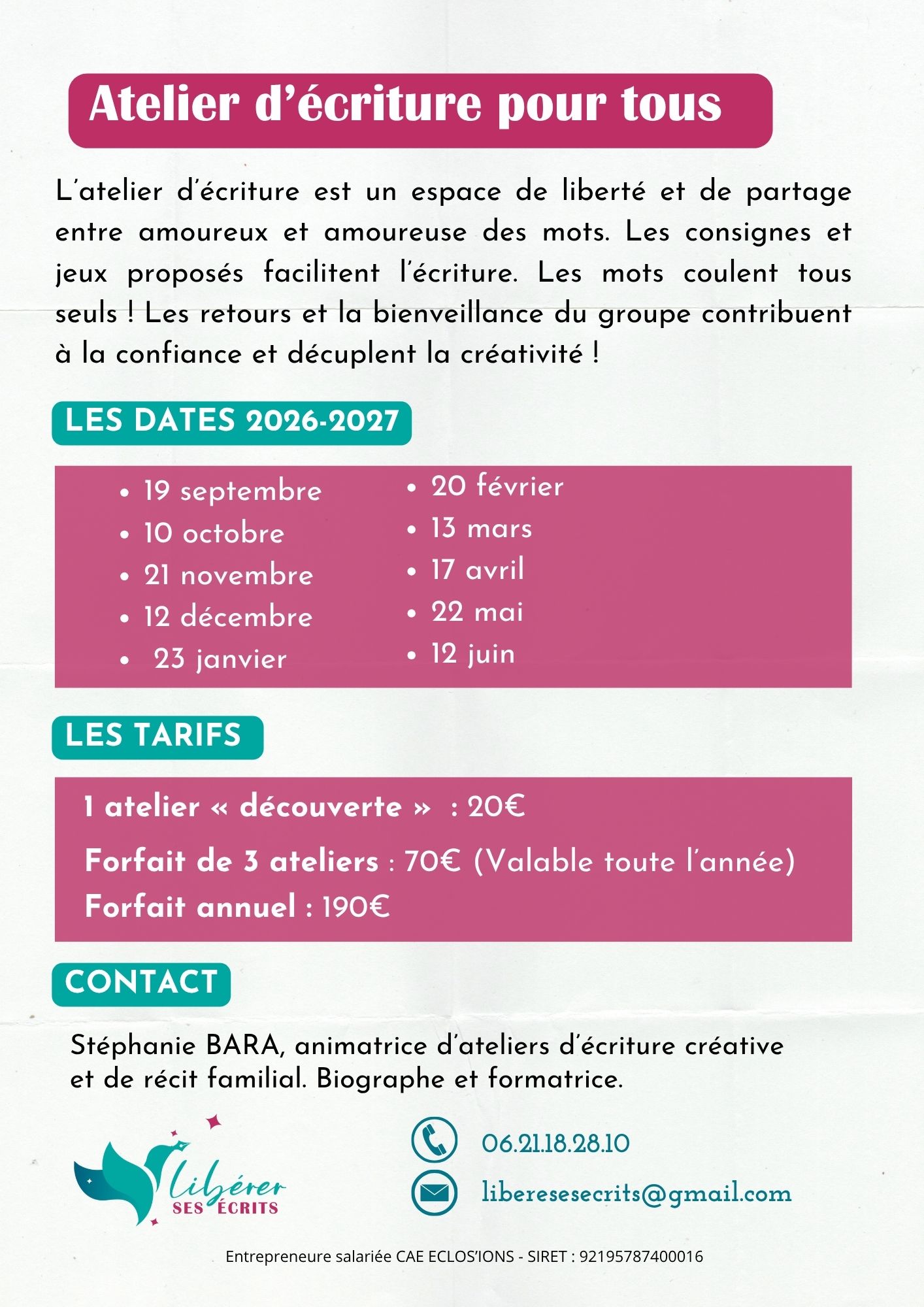 Ateliers d'écriture à Vichy 2025-2026